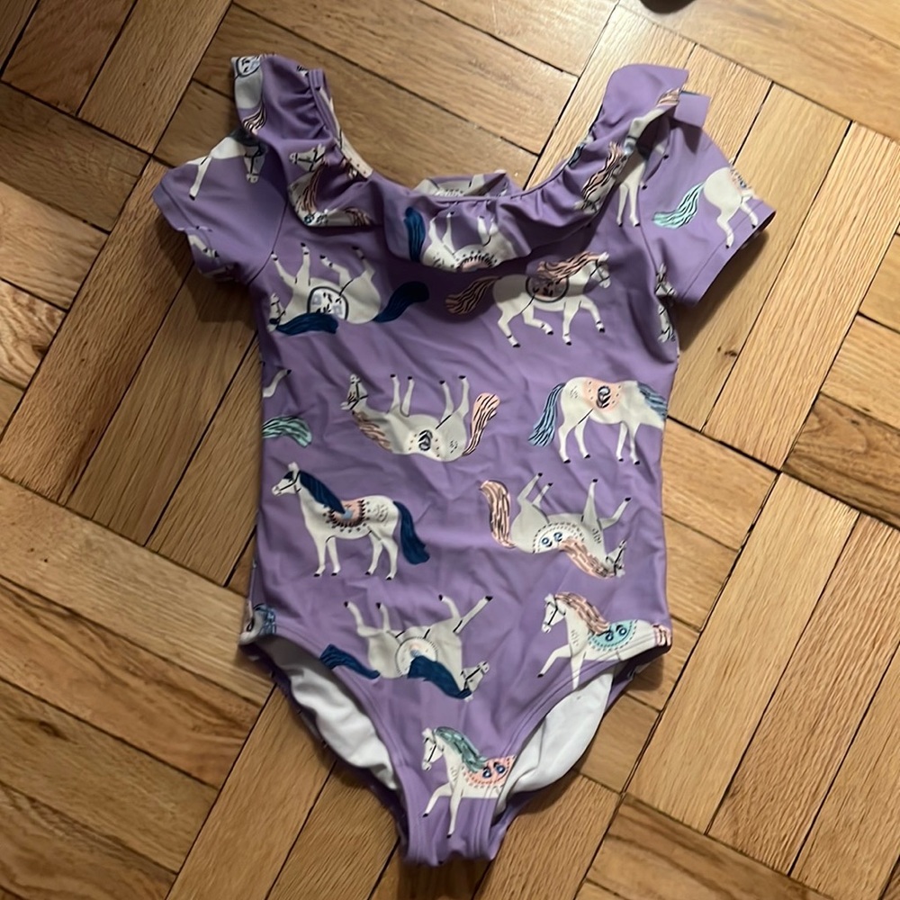 Hanna Anderson purple pony ruffle swimsuit sz 120cm US 6-7, used
